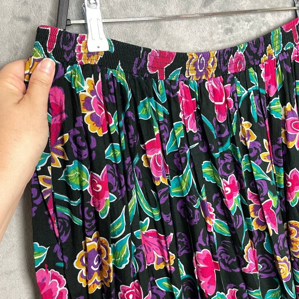 Vintage‎ 90s Black Floral Midi Skirt Elastic Waist Rayon Large/XL Cottagecore - Picture 5 of 7